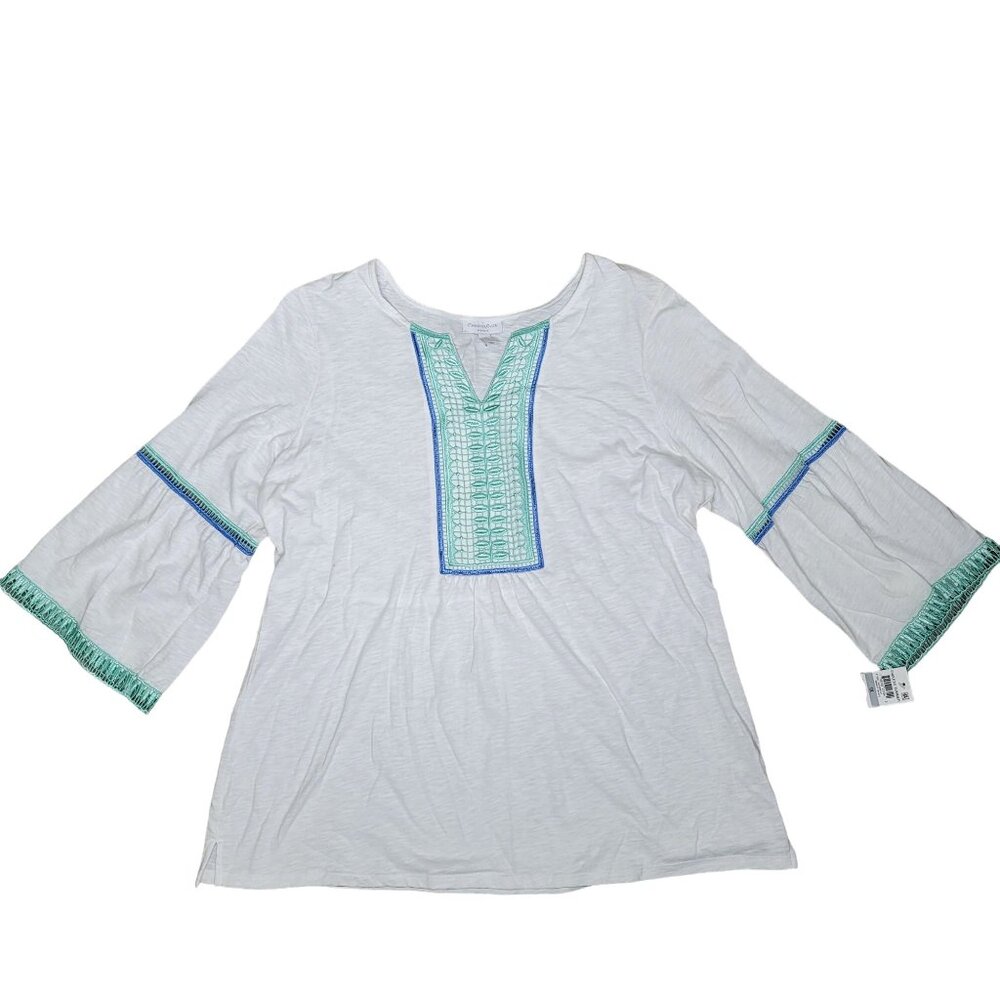 Charter Club NWT Women's 1X White & Mint Embroidered Top with lace vacation